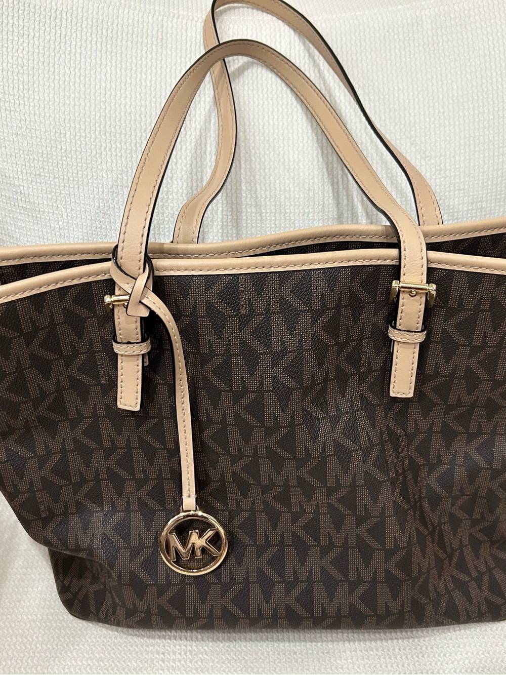 Michael Kors Brown Logo Tote with Beige Trim and Gold Hardware